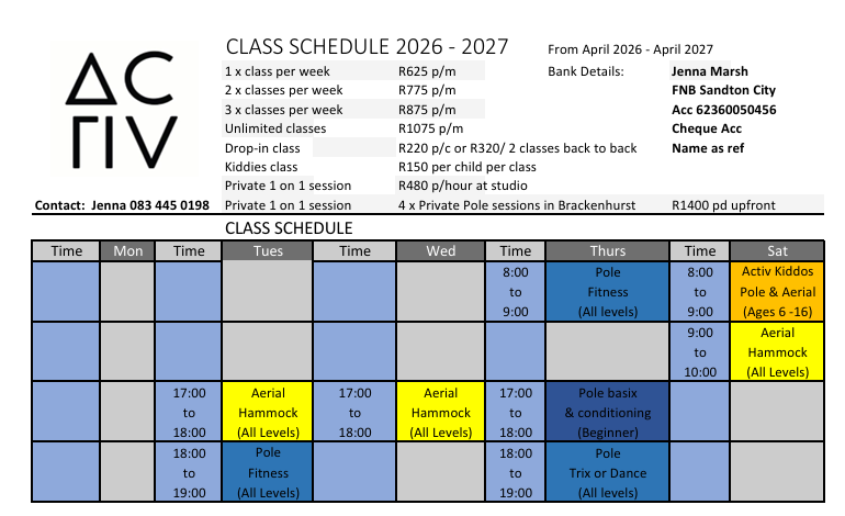 Activ Bodi Studio fees and class schedule